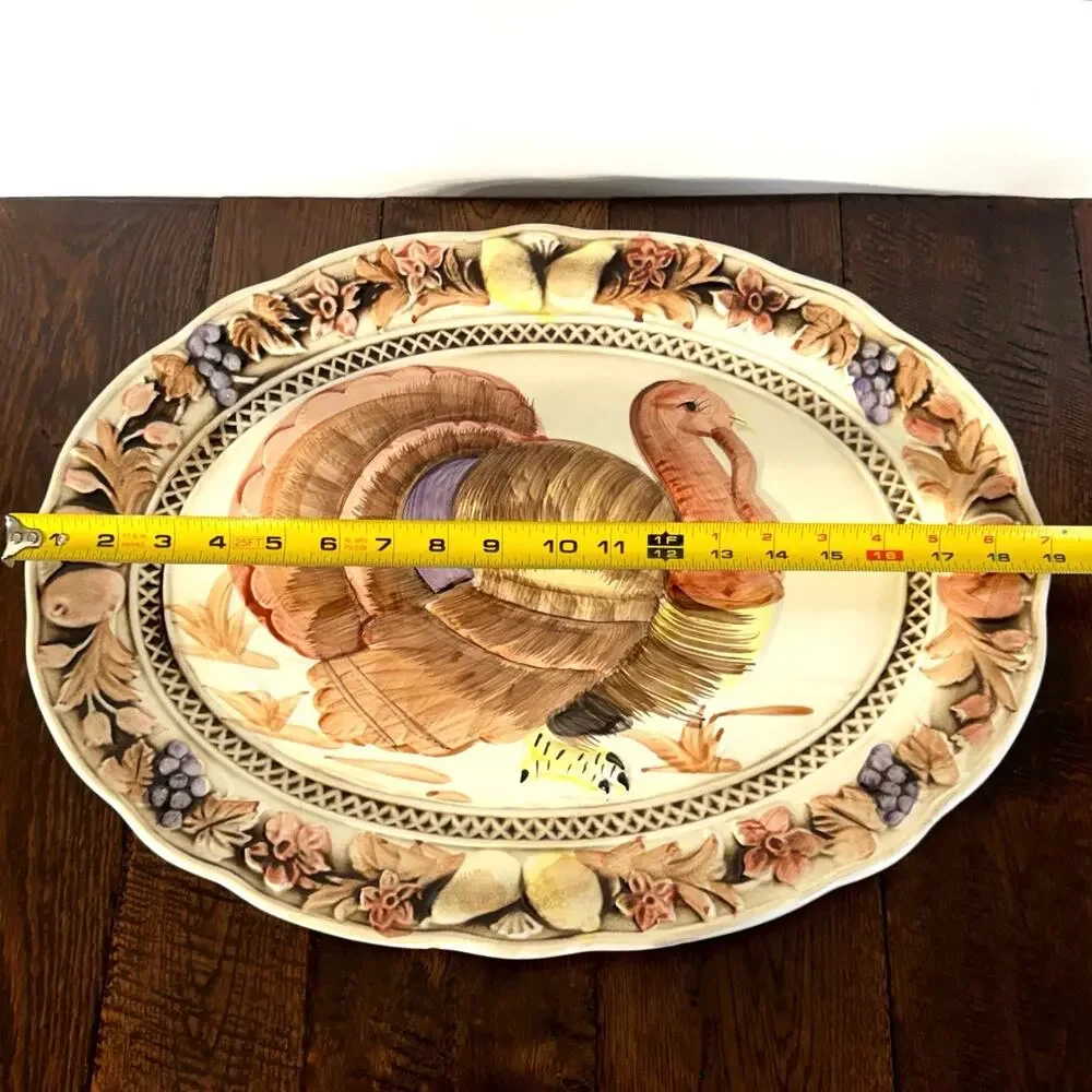 Vintage Lefton Hand Painted Turkey Platter | Ceramic Thanksgiving Serving Tray